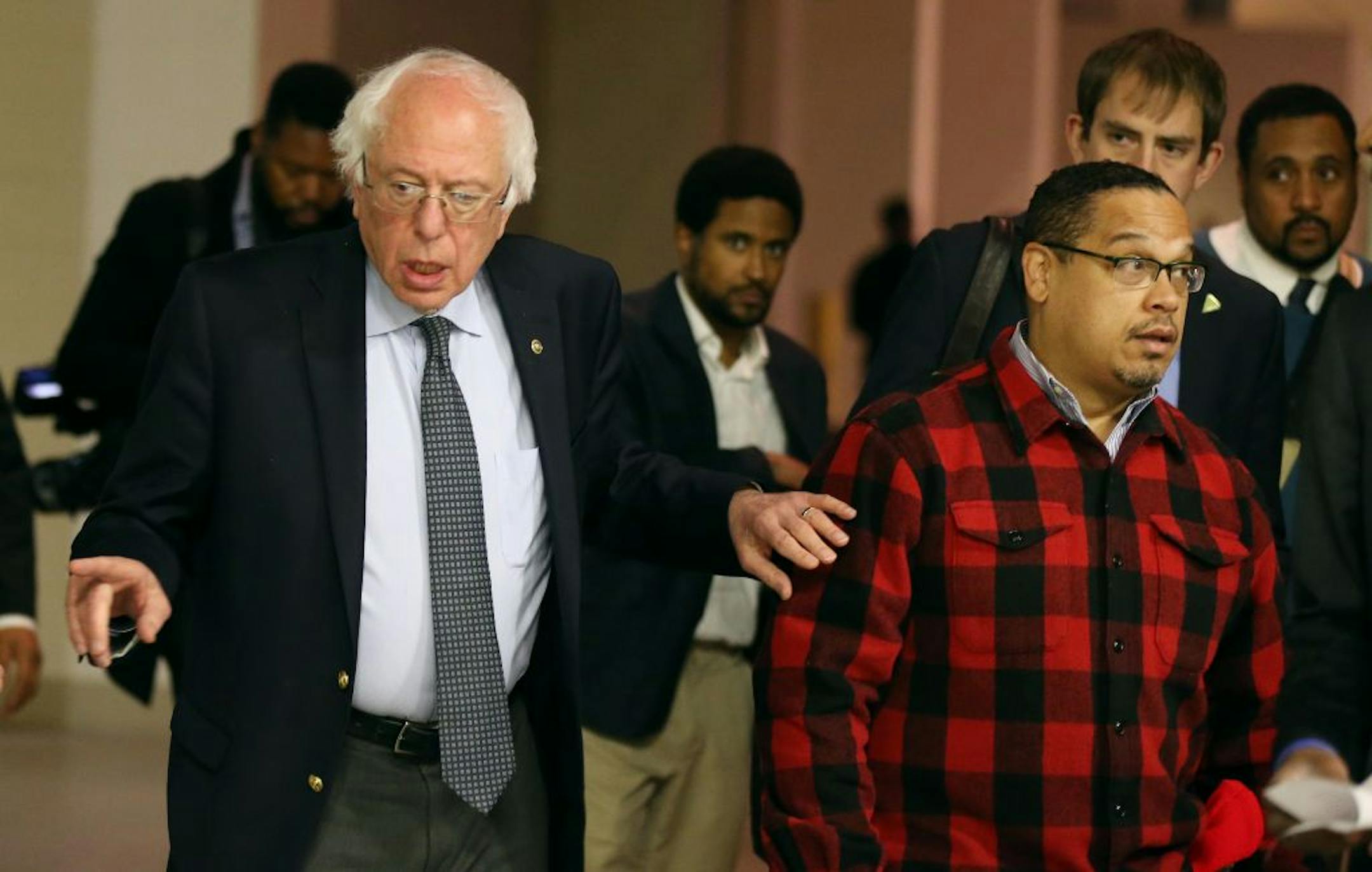 Democratic presidential candidate Bernie Sanders and congressman Keith Ellison arrived for a rally Monday Feb 29, 2016 at the Minneapolis Convention Center Minneapolis MN.