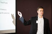 William Pittner gives a pitch during the Fowler Business Concept Challenge, hosted by the Schulze School of Entreprenuership, in the Anderson Student 