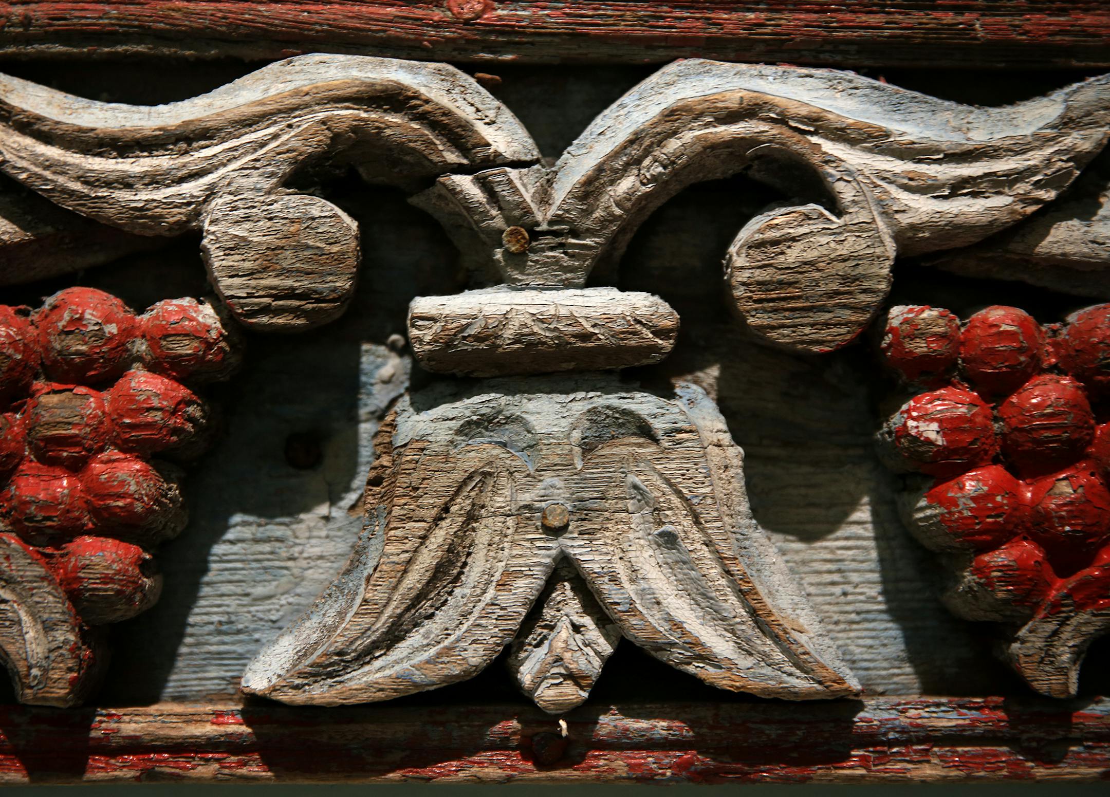 Detail of a carved wooden window frame on display, part of the exhibit "Life on the Edge of the Forest: Russian Traditions in Wood" at the Museum of Russian Art in Minneapolis on Thursday, September 25, 2014. ] LEILA NAVIDI leila.navidi@startribune.com /