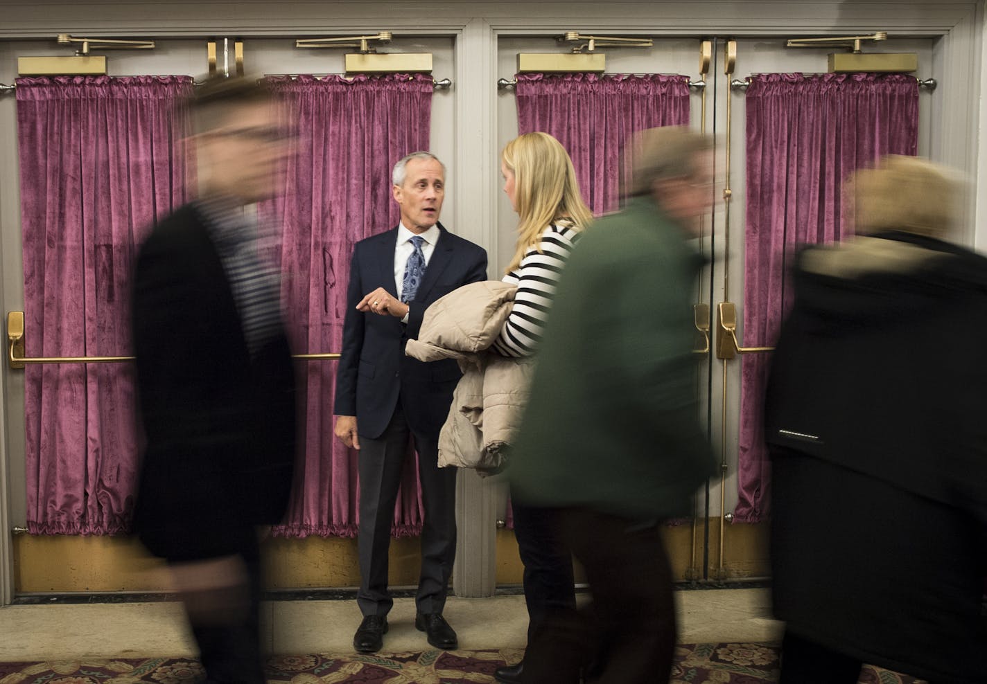 Hennepin Theatre Trust President Tom Hoch spoke to Paula Schuebel, operations manager at tour promoter Broadway Across America, before a show at the State in January.