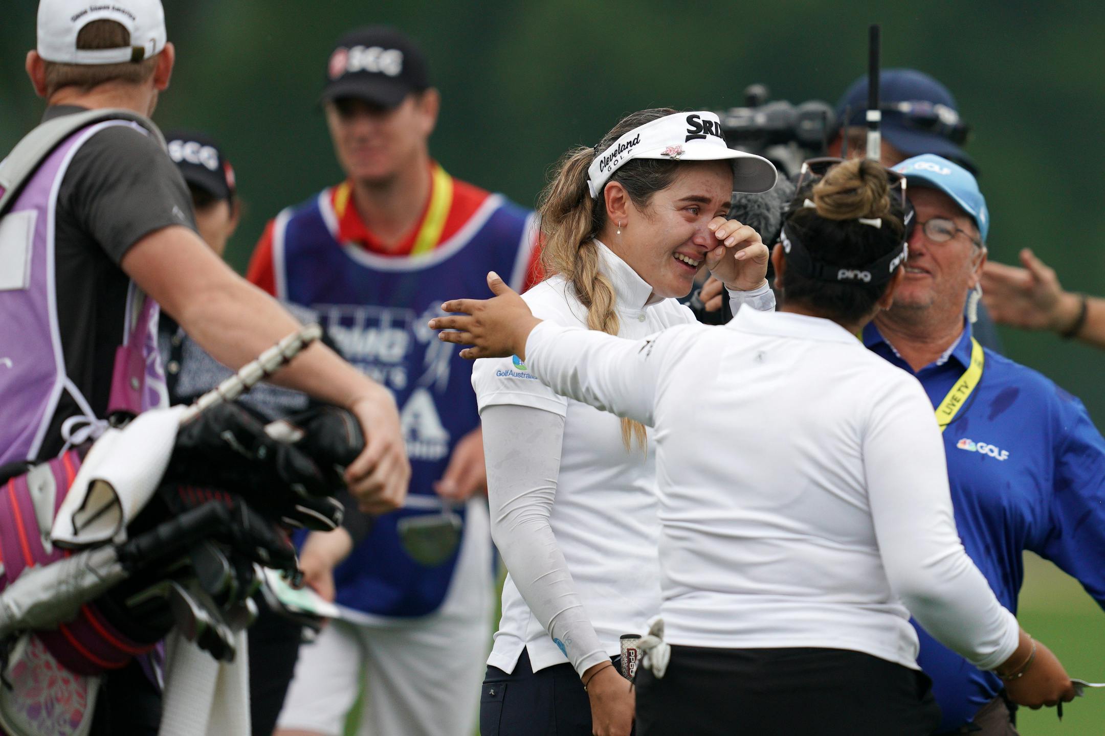 Hannah Green tried to compose herself on the eighteenth green Sunday after winning the KPMG Women's PGA Championship at Hazeltine National Golf Club on Sunday.