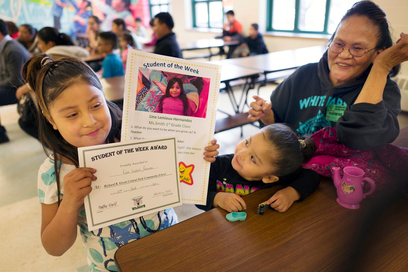 A proud Elaine Brown with her youngest grandchild Emilee Eleayne Lemieux Hernandez, 3, watched her granddaughter Lina Lemieux-Hernandez receive a student of the week award at Green Central Park elementary school April 3, 2016 in Minneapolis , MN. ] Elaine Brown lives in fear of child protection. Social workers removed her and her two brothers from their alcoholic parents and placed them into an abusive foster home on a farm in Northwestern Minnesota near Crookston. She ís still shaken by the mem