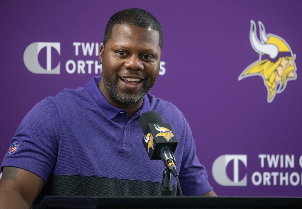 Vikings defensive backs coach Daronte Jones at a news conference in February.