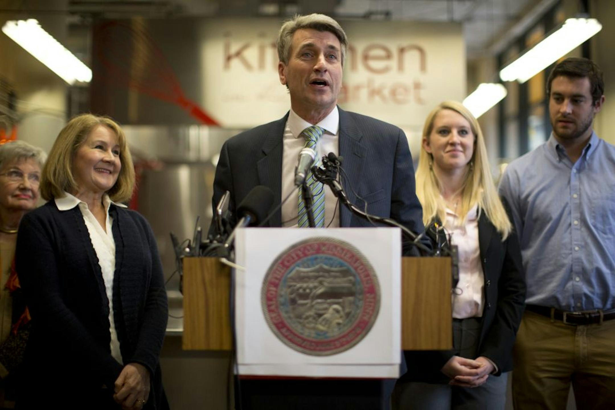 Minneapolis Mayor R.T. Rybak was surrounded by family members Thursday as he said he would step down after three terms.