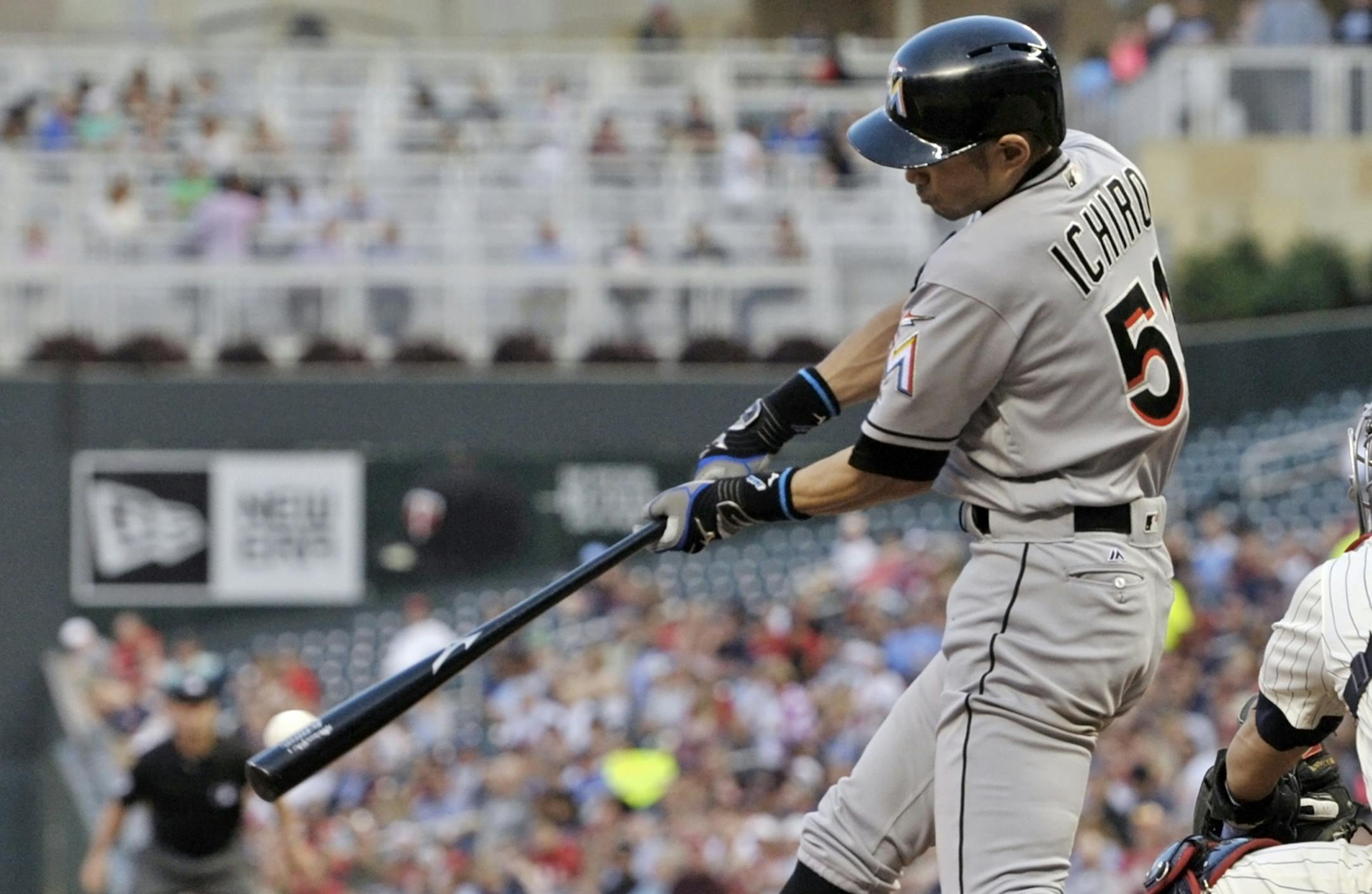 Miami Marlins' Ichiro Suzuki hits his second single of the baseball game off Minnesota Twins pitcher Ricky Nolasco, during the fifth inning Wednesday, June 8, 2016, in Minneapolis. (AP Photo/Jim Mone)
