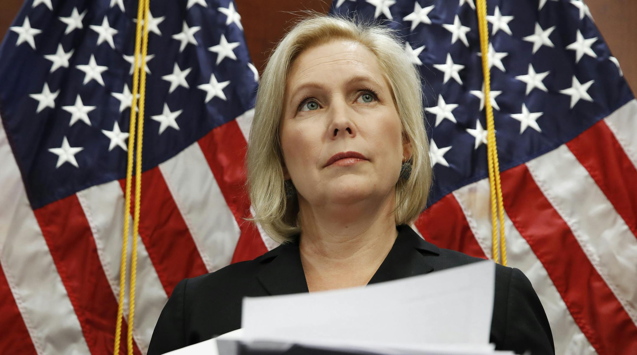 Sen. Kirsten Gillibrand, D-N.Y., attends a news conference, Tuesday, Dec. 12, 2017, on Capitol Hill in Washington. Gillibrand says President Donald Trump&#xed;s latest tweet about her was a &#xec;sexist smear&#xee; aimed at silencing her voice. (AP Photo/Jacquelyn Martin)