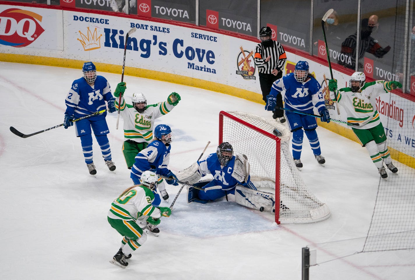 Edina Hornets forward Jane Kuehl (11) celebrates her second goal of the game on Minnetonka Skippers goaltender Brynn DuLac (1) in the second period. ] JEFF WHEELER • jeff.wheeler@startribune.com