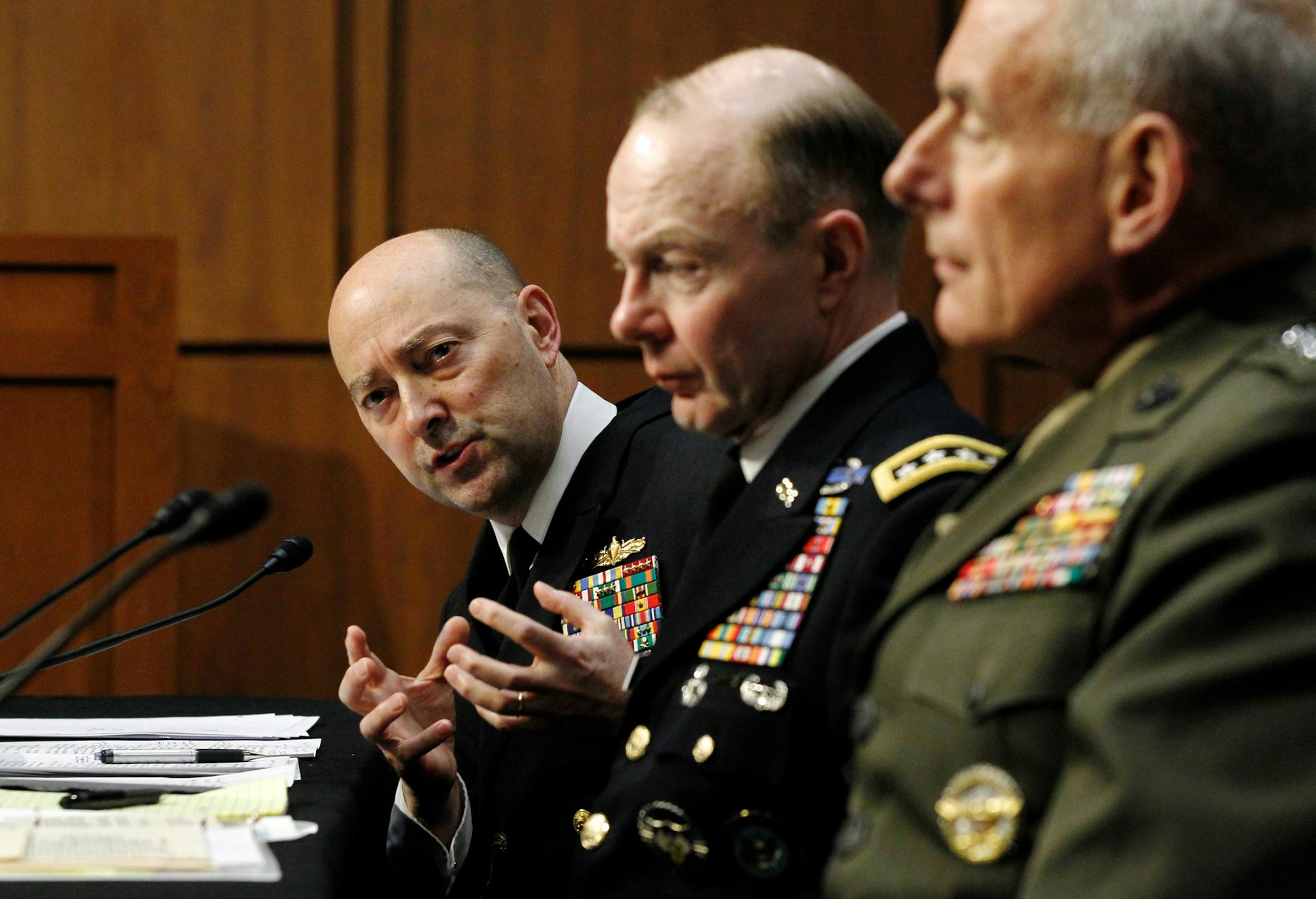 Adm. James G. Stavridis, commander, U.S. European Command and Supreme Allied Commander, Europe, left, testifies on Capitol Hill in Washington, Tuesday, March 19, 2013, before the Senate Armed Services Committee hearing on U.S. European Command, U.S. Northern Command, and U.S. Southern Command in review of the Defense Authorization Request for Fiscal Year 2014, From left are, Stavridis, Gen. Charles H. Jacoby, Jr., commander, U.S. Northern Command and Commander, North American Aerospace Defense C