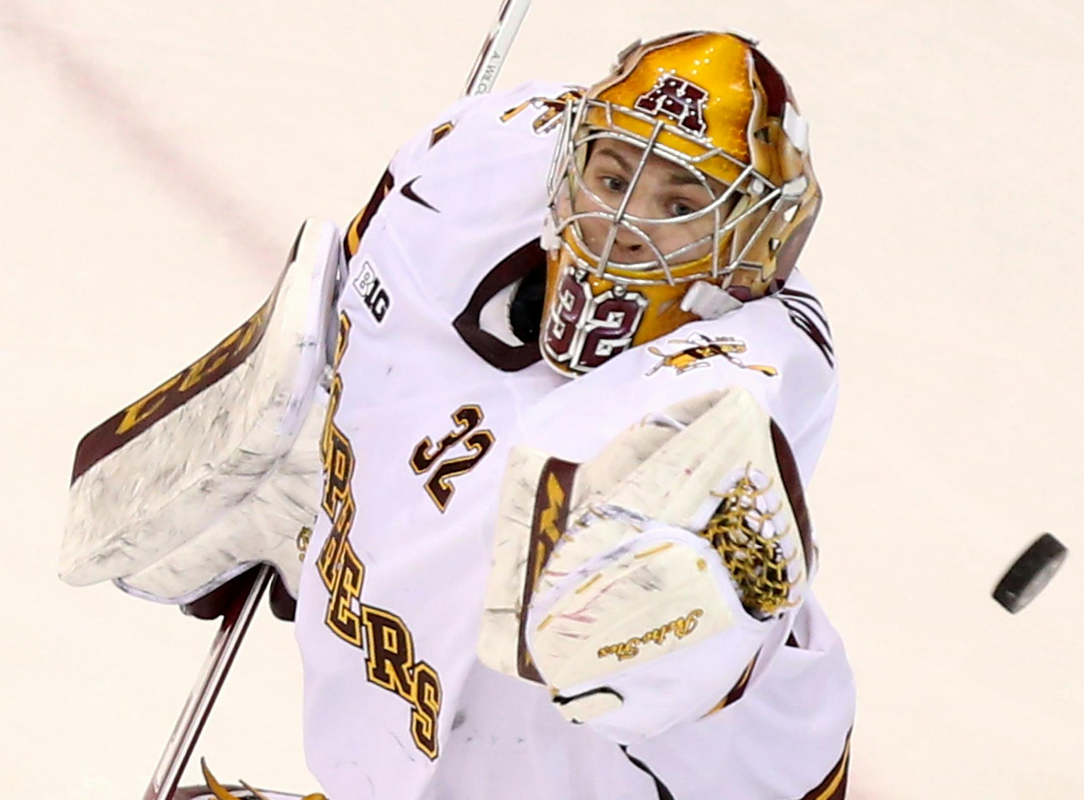 The University of Minnesota Gophers goalie Adam Wilcox knocks down a shot against Ohio State during the first period Friday, Feb. 6, 2015, at Mariucci Arena in Minneapolis, MN.](DAVID JOLES/STARTRIBUNE)djoles@startribune.com Gophers men's hockey versus Ohio State Friday, Feb. 6, 2015, at Mariucci Arena in Minneapolis, MN.** Adam Wilcox,cq