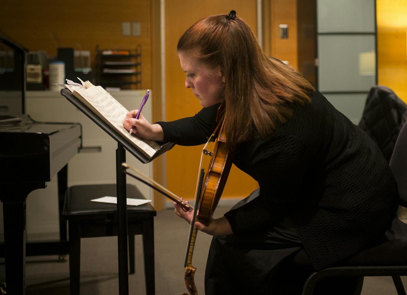 Minnesota Orchestra concertmaster Erin Keefe practiced on her 1732 Gagliano violin at Orchestra Hall in Minneapolis before a concert Jan. 9.