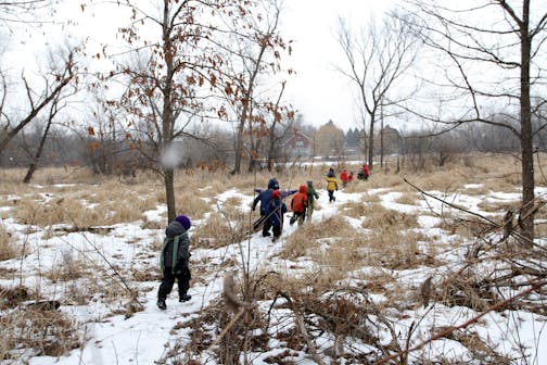 Marlais Brand's pre-school class went for a nature walk looking for owls and playing on kick-sleds on Wednesday February 15, 2012 at the Dodge Nature Center. ] MARISA WOJCIK marisa.wojcik@startribune.com Dodge Nature Center has proposed to expand their preschool program by offering a half-day kindergarten. The school is a stand-alone program that would not continue onto elementary school. The curriculum would be be based on hands-on learning activities and include outdoor activities every day, no matter the weather. The Nature Center staff hopes to fuel a movement towards more "play" in learning, believing that increased play is more appropriate than many schools current curriculum.