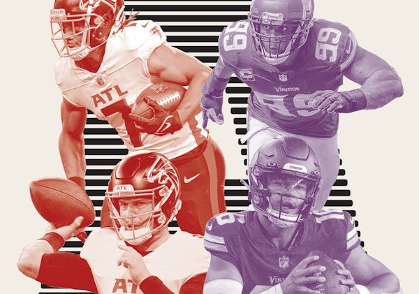 Key players for Sunday’s Vikings-Falcons game include, clockwise from top left, Atlanta rookie running back Bijan Robinson, Vikings edge rusher Dani