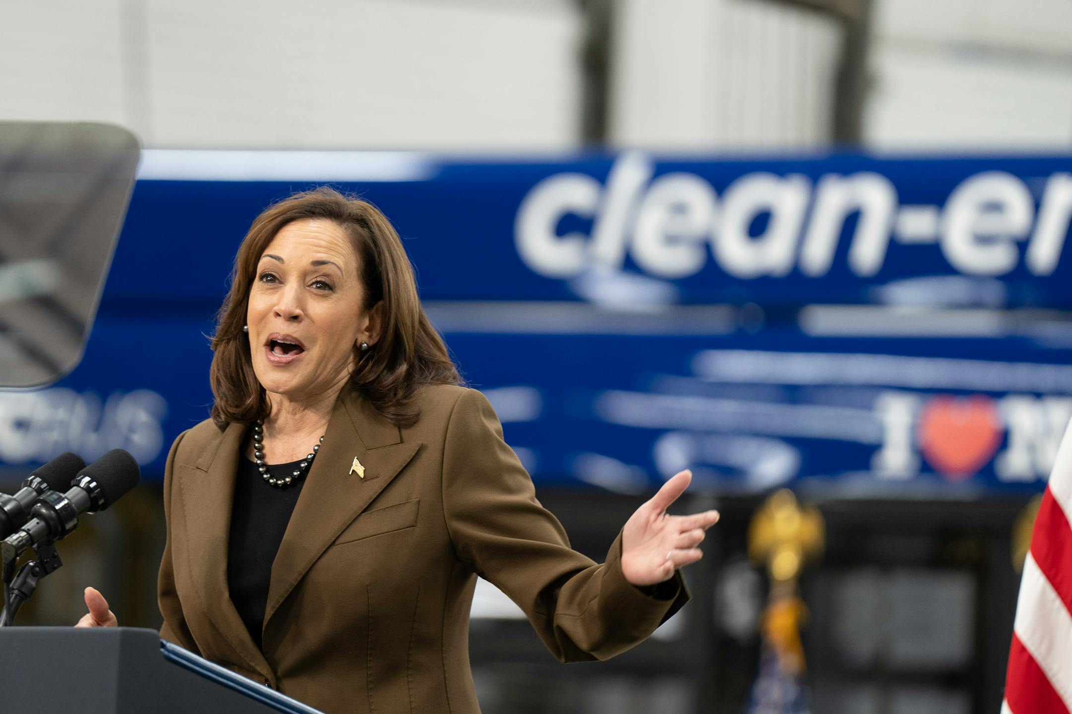 Vice President Kamala Harris spoke to the assembled crowd after touring the final assembly plant for New Flyer electric buses, Thursday, Feb. 9, 2023  St. Cloud, Minn.