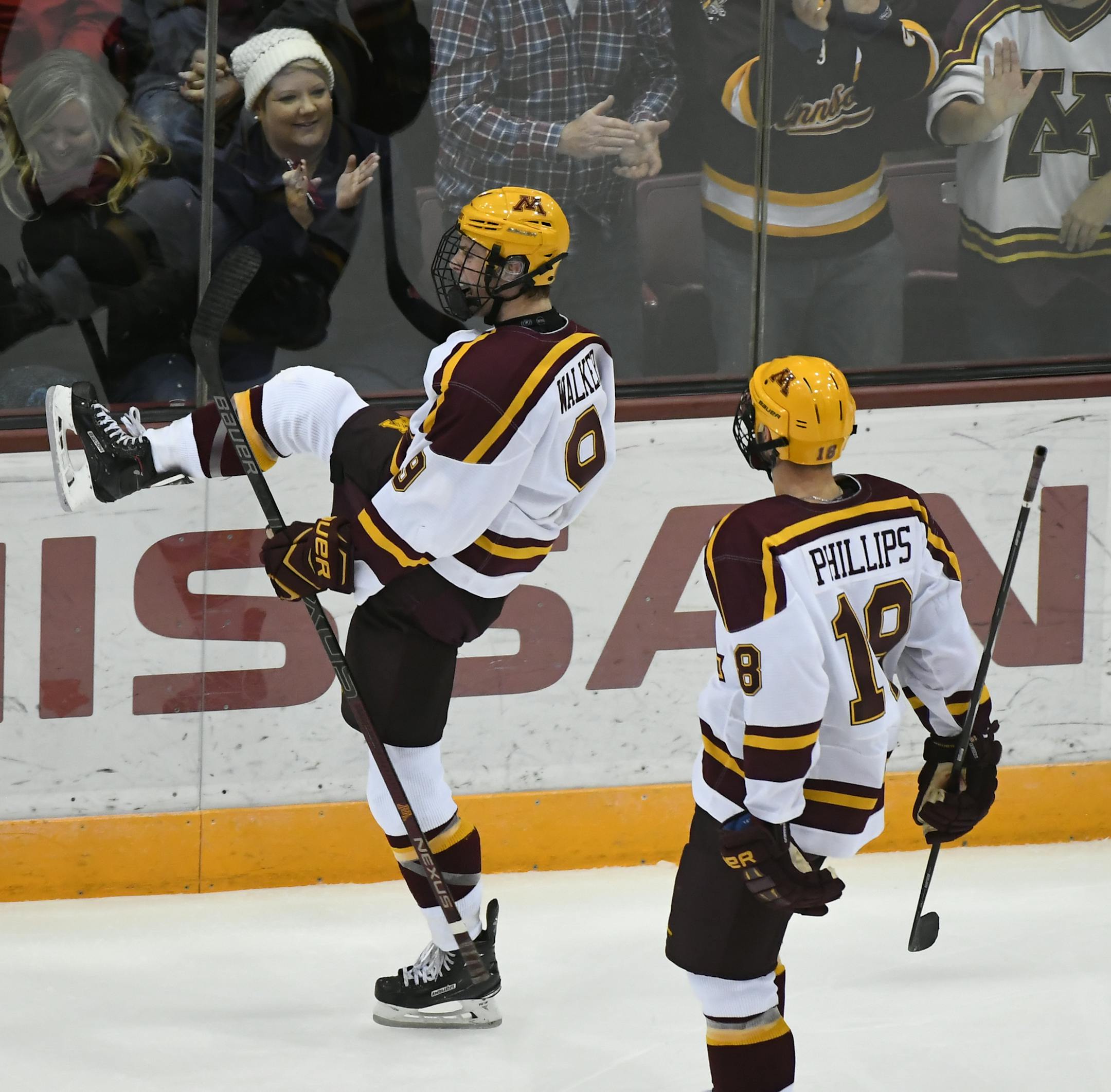 Minnesota Golden Gophers forward Sammy Walker (9) celebrated his first goal as a Gopher in the second period against the Minnesota-Duluth Bulldogs. ] AARON LAVINSKY • aaron.lavinsky@startribune.com The University of Minnesota Golden Gophers men's hockey team played the University of Minnesota-Duluth Bulldogs on Sunday, Oct. 7, 2018 at the 3M Arena at Mariucci in Minneapolis, Minn.
