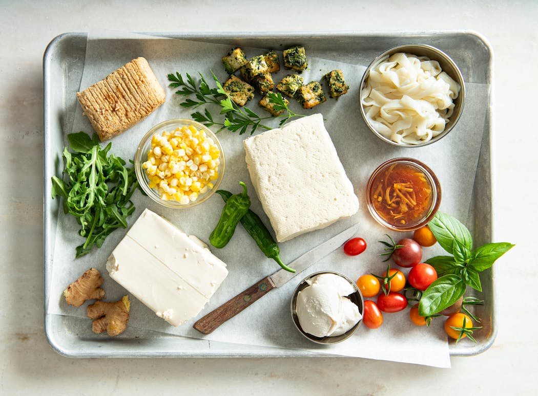 Tofu comes in various forms, including: Tofu noodles (sold in packages in the refrigerated case); oven roasted tofu cubes with herbs; firm tofu; tofu cream cheese; teriyaki baked tofu; soft or silken tofu. 