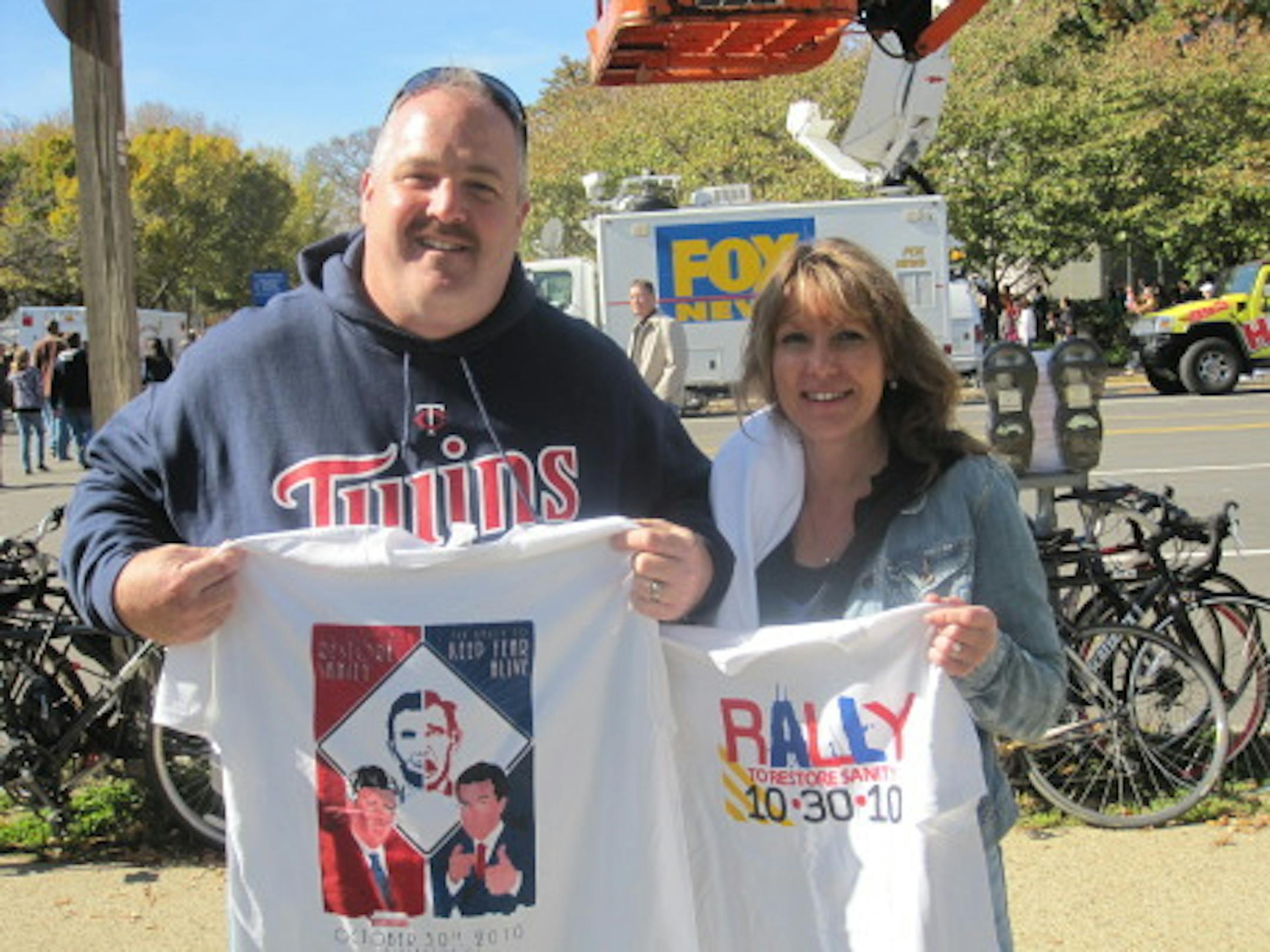 John and Andrea Orr of Burnsville at the Stewart-Colbert rally.
