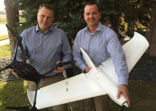 Sentera Cofounders: CEO Eric Taipale and Vice President Greg Emerick with drones used for agriculture, bridge inspection and public safety.
