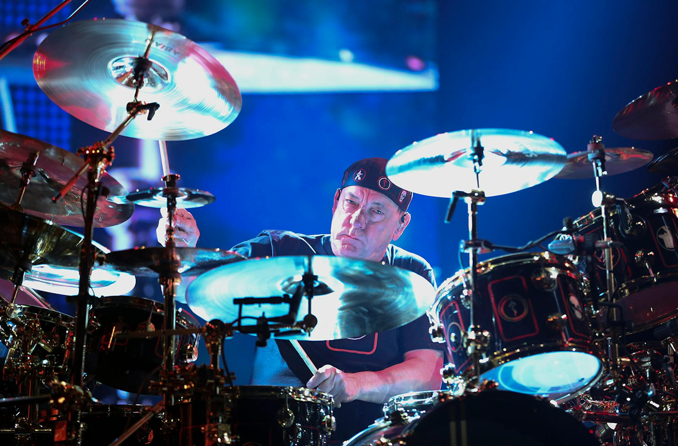 Rush drimmer Neil Peart early in the band's first set Tuesday night. ] JEFF WHEELER ï jeff.wheeler@startribune.com Canadian rock gods Rush performed at Xcel Energy Center in St. Paul, Tuesday night, May 12, 2015.