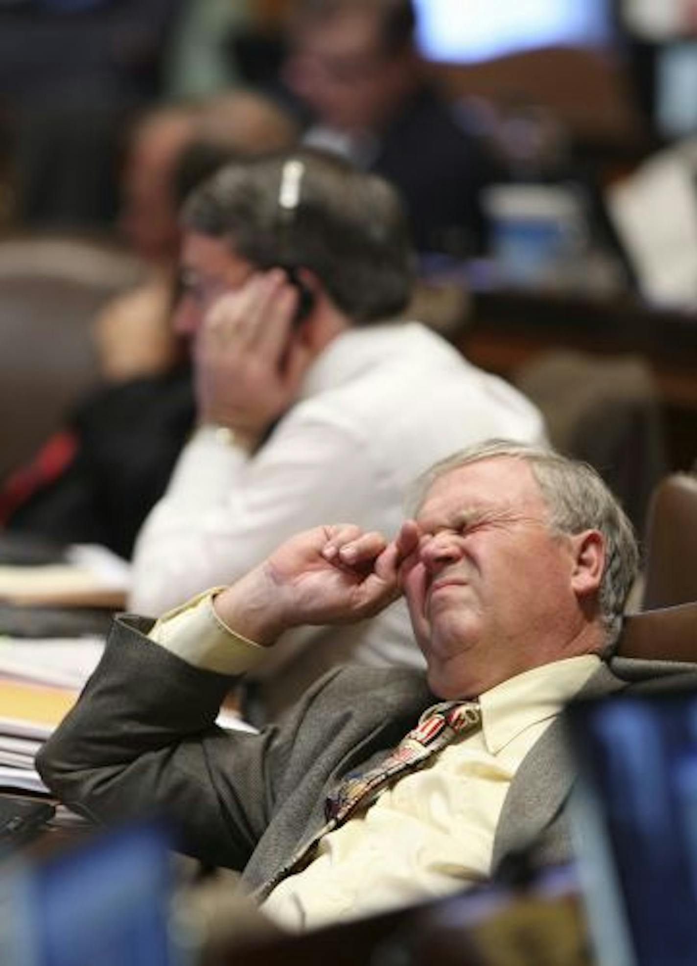 With four hours to go before the midnight adjournment, Rep. Dean Urdahl, R-Grove City, rubbed his eyes as his House colleagues discussed taking a short break to hold caucuses. There appeared to be no break in the budget impasse between the governor and the DFL.