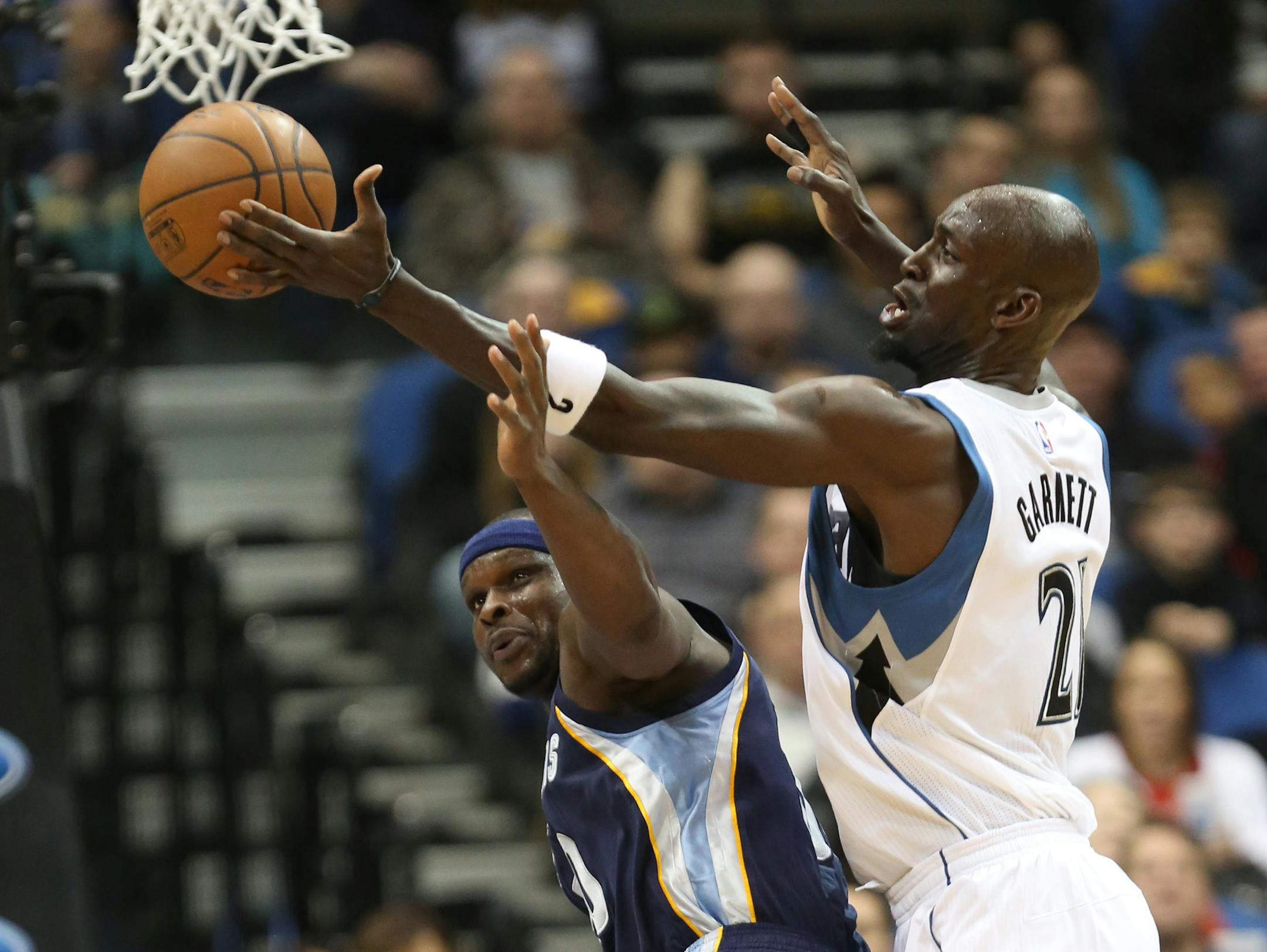 The Wolves' Kevin Garnett knocked the ball out of the hands of the Grizzlies' Zach Randolph during the first half. Garnett was ejected in the third quarter after receiving his second technical foul.
