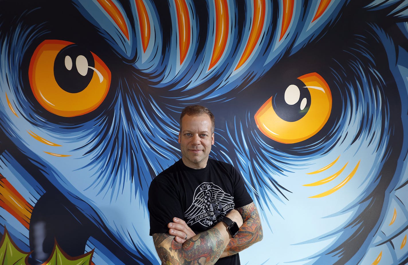 Adam Turman painted this owl inside the A-Mill Artist Lofts in Minneapolis. As an illustrator, he said, he focuses on his clients: &#x201c;their brand, their audience, their message, their limitations.&#x201d;