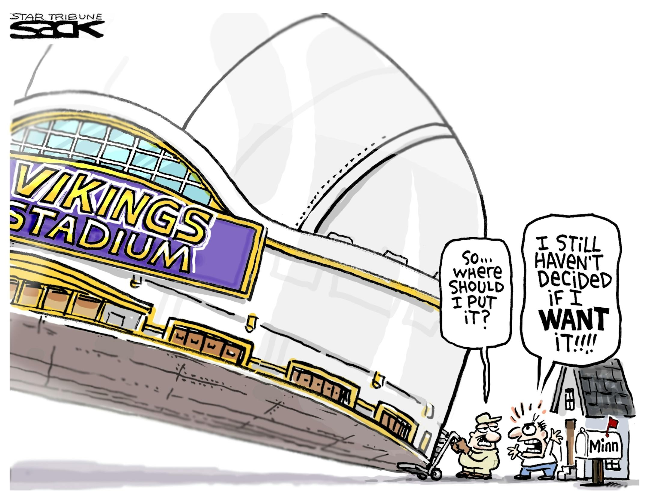Steve Sack editorial cartoon for Jan. 15, 2012. Topic: Vikings stadium proposals.