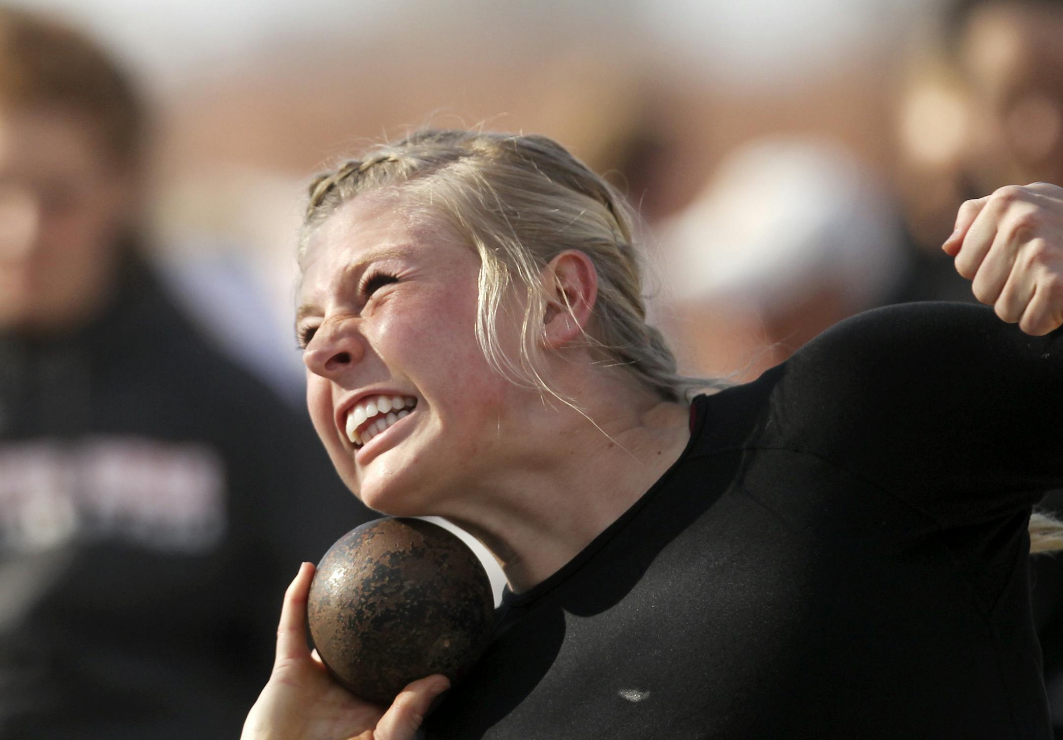 Lakeville South's Shaina Burns prepares for the shot put event at the Hamline Elite track meet Friday, April 25, 2014, at Hamline University in St. Paul, MN](DAVID JOLES/STARTRIBUNE) djoles@startribune.com Hamline Elite track meet**Shaina Burns,cq