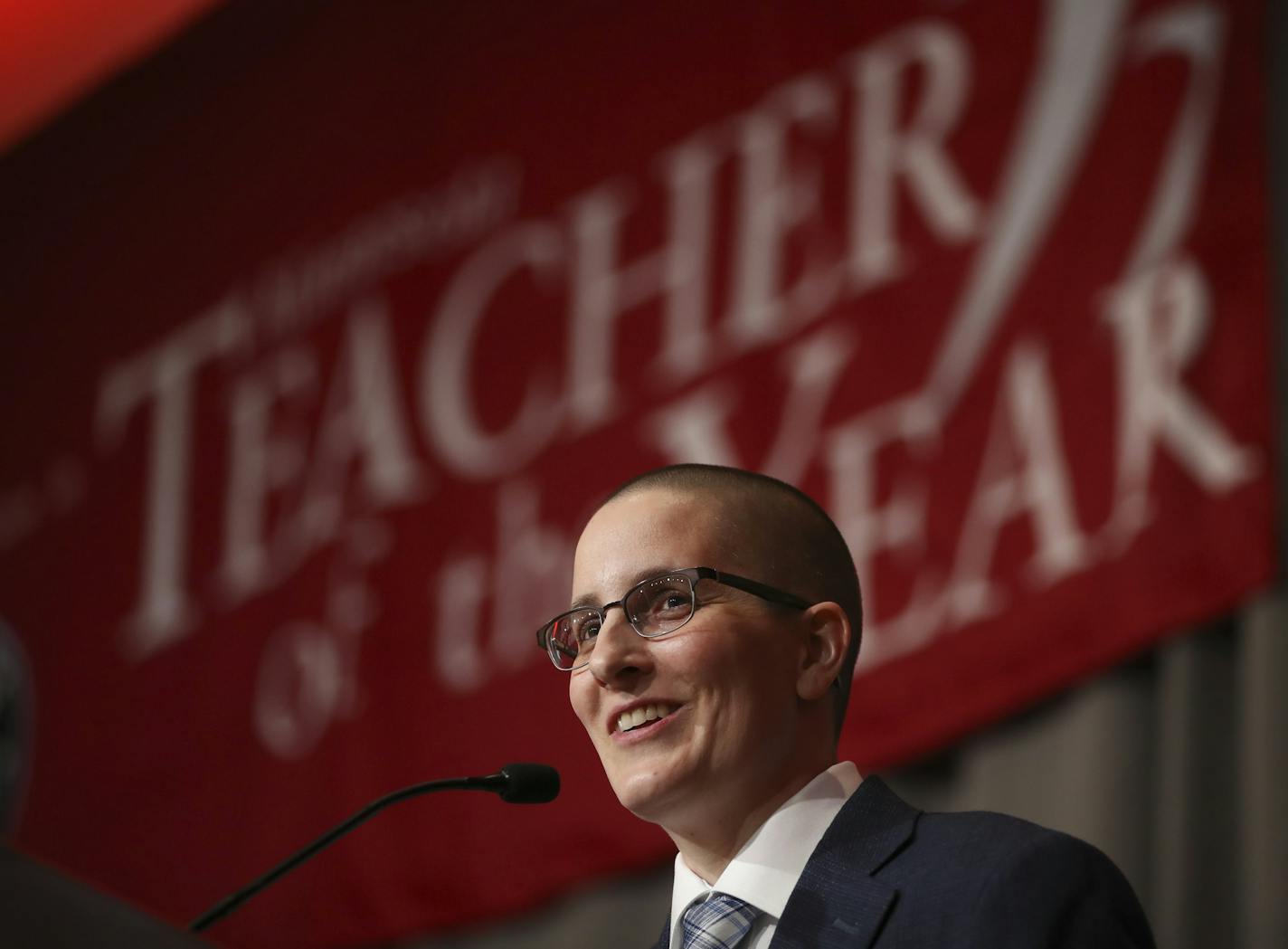 Kelly D. Holstine, Minnesota's most recent Teacher of the Year, at the banquet in 2018 when she received the honor. On Monday, Holstine boycotted a White House visit with President Donald Trump.