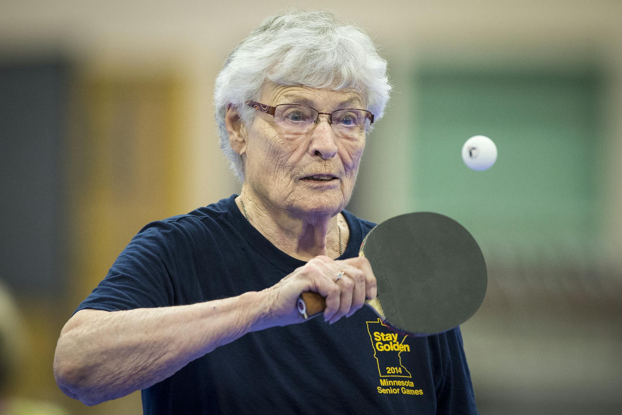 Dorothy Peterson, of Mankato, competed in a championship round of table tennis for the 90-94 division Tuesday and won the silver. ] Aaron Lavinsky • aaron.lavinsky@startribune.com Coverage of the National Senior Games at the University of St. Thomas on Monday, July 13, 2015. We focus on 90-94 women's table tennis and 91-year old Dorothy Peterson.