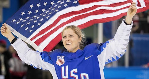 USA player Gigi Marvin celebrates after defeating Canada in the gold-medal game at Gangneung Hockey Centre on Thursday, Feb. 22, 2018, in Pyeongchang, South Korea, during the Pyeongchang Winter Olympics. (Carlos Gonzalez/Minneapolis Star Tribune/TNS) ORG XMIT: 1224279