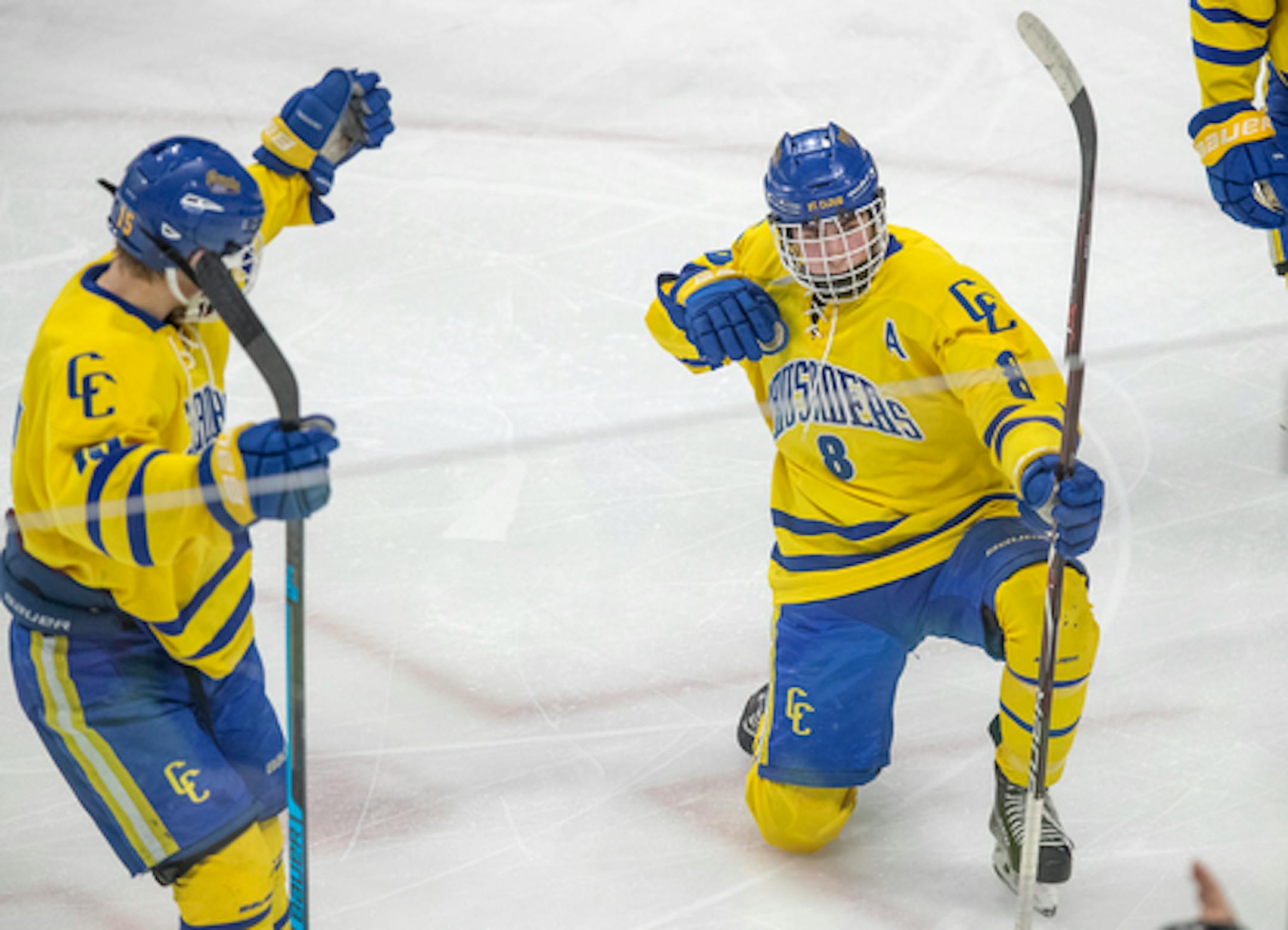 St. Cloud Cathedral's forward Nate Warner celebrated his hat trick after he scored during the second period of their matchup against North Branch during the Class 1A boys' hockey state tournament at the Xcel Energy Center, Wednesday, March 6, 2019 in St. Paul, MN.    ]  ELIZABETH FLORES • liz.flores@startribune.com