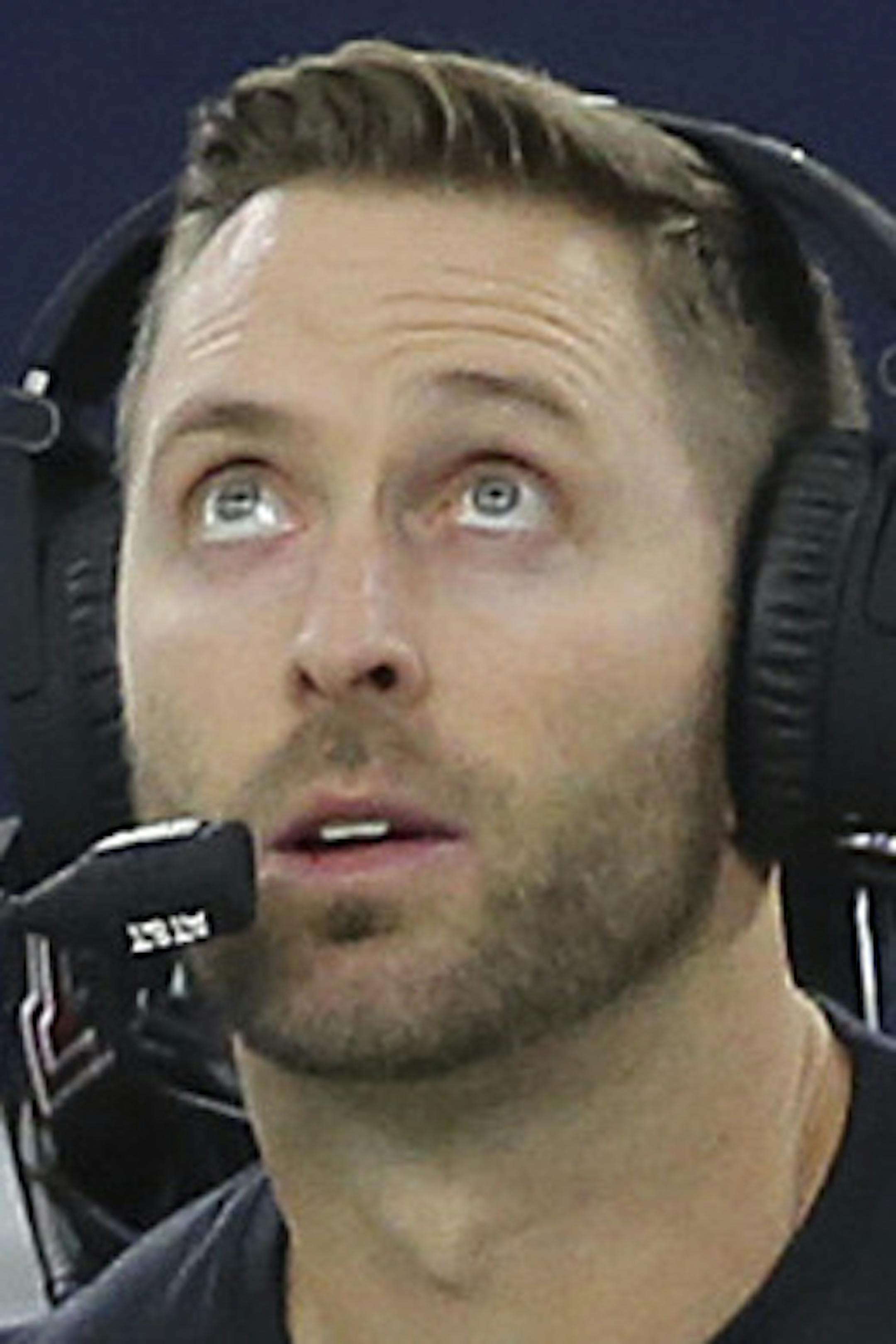 Texas Tech coach Kliff Kingsbury looks up to the video board in the second half of the team's NCAA college football game against Baylor on Saturday, Nov. 24, 2018, in Arlington, Texas. (Jerry Larson/Waco Tribune Herald, via AP
