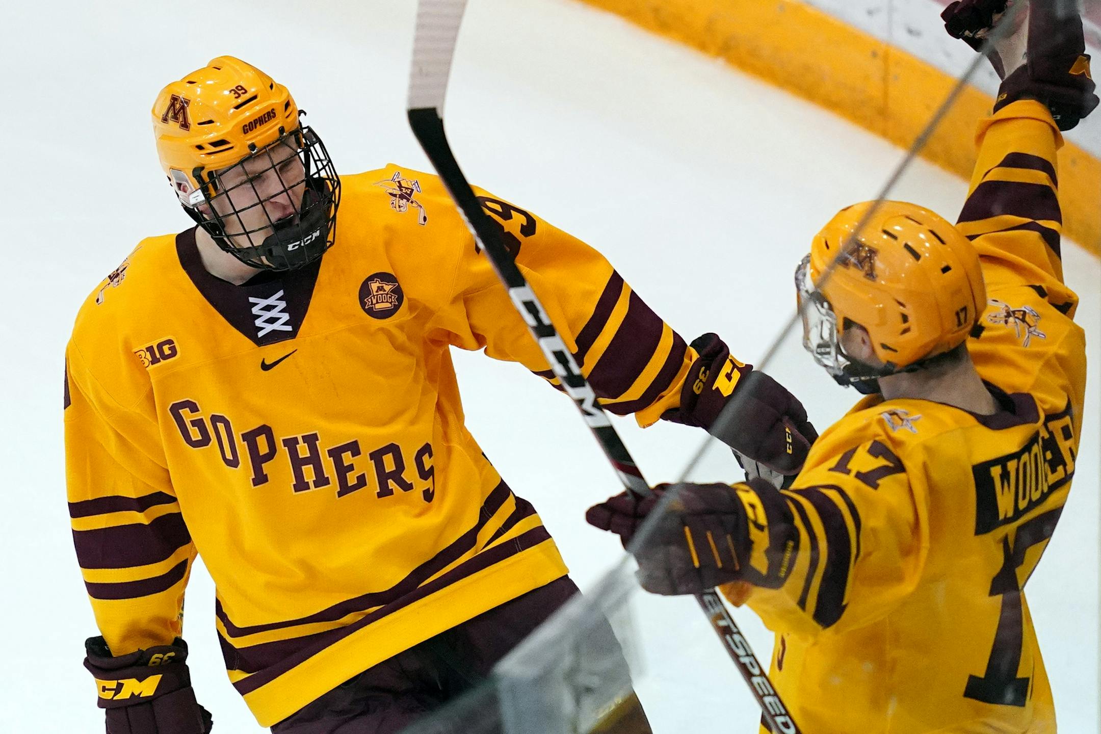 Gophers forward Garrett Wait (17) was congratulated by forward Ben Meyers (39) after he scored on Beavers goaltender Zach Driscoll (33) in the second period. ] ANTHONY SOUFFLE • anthony.souffle@startribune.com The University of Minnesota Golden Gophers played the Bemidji State Beavers in an NCAA men's hockey game Saturday, Dec. 28, 2019 at the 3M Arena at Mariucci in Minneapolis.