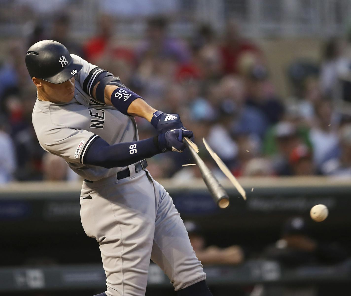 New York Yankees right fielder Aaron Judge singled to center in the fourth inning while breaking his bat. ] JEFF WHEELER &#x2022; jeff.wheeler@startribune.com The Twins faced the New York Yankees in the final game of their MLB series Wednesday night, July 24, 2019 at Target Field in Minneapolis.