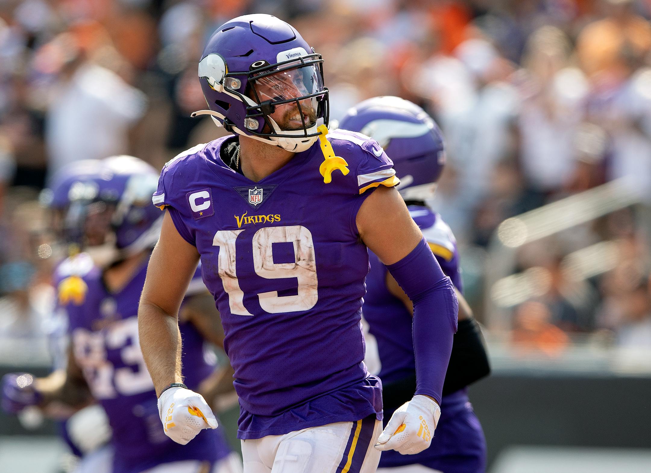 Minnesota Vikings receiver Adam Thielen (19) celebrated after scoring a touchdown in the third quarter.