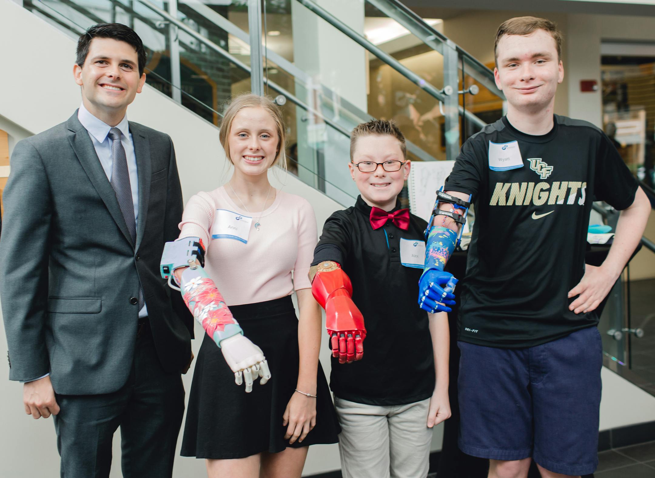 Limbitless CEO Albert Manero, with youth who are testing his company's prosthetic arms made using Stratasys 3-D printers. (Provided by Limbitless)