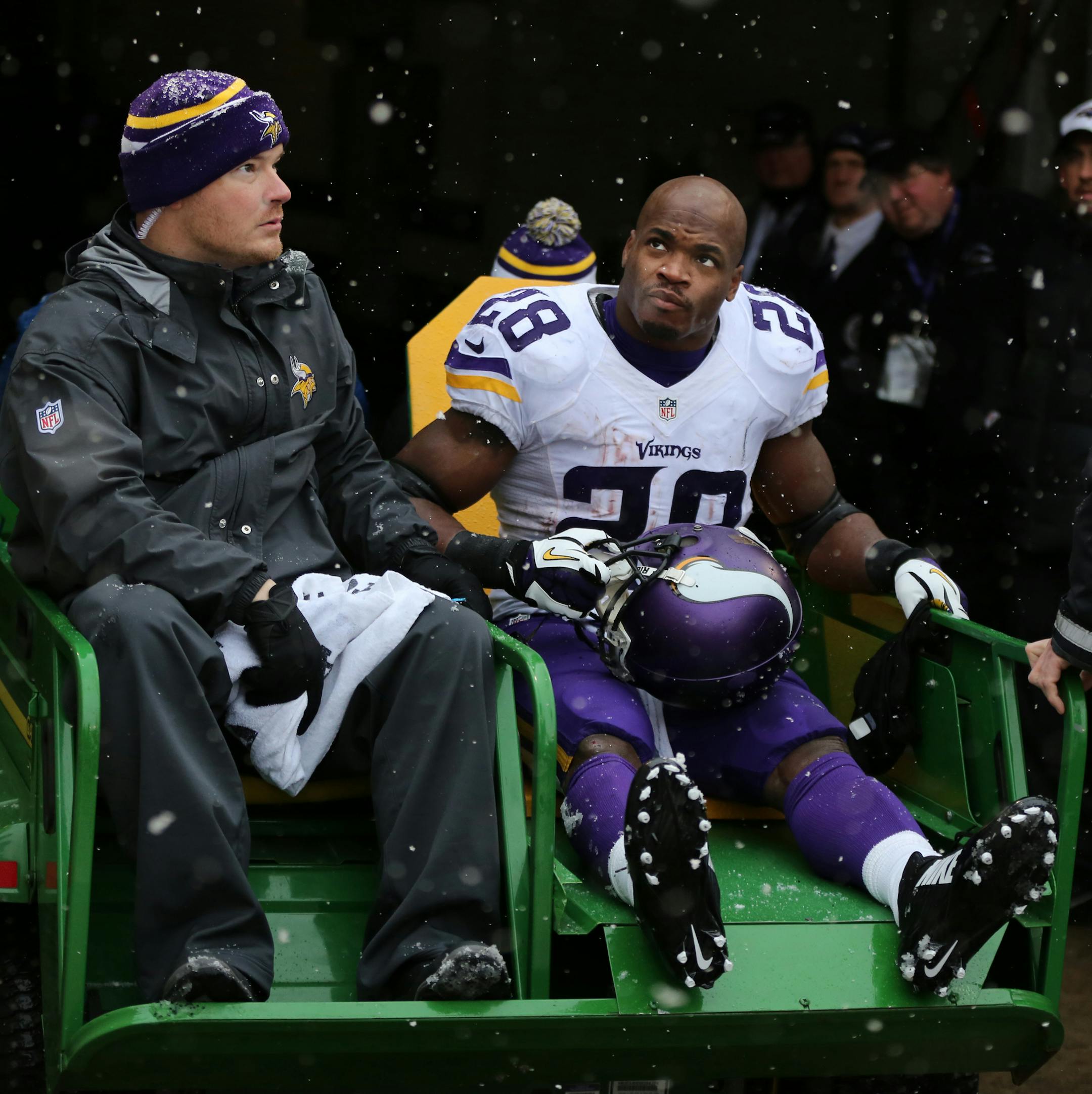 Vikings running back Adrian Peterson was carted off the field after injuring his ankle in the second quarter. ] MCKENNA EWEN &#xac;&#x2211; mckenna.ewen@startribune.com Minnesota Vikings and Baltimore Ravens - M&T Bank Stadium in Baltimore, MD. - 12/08/2013