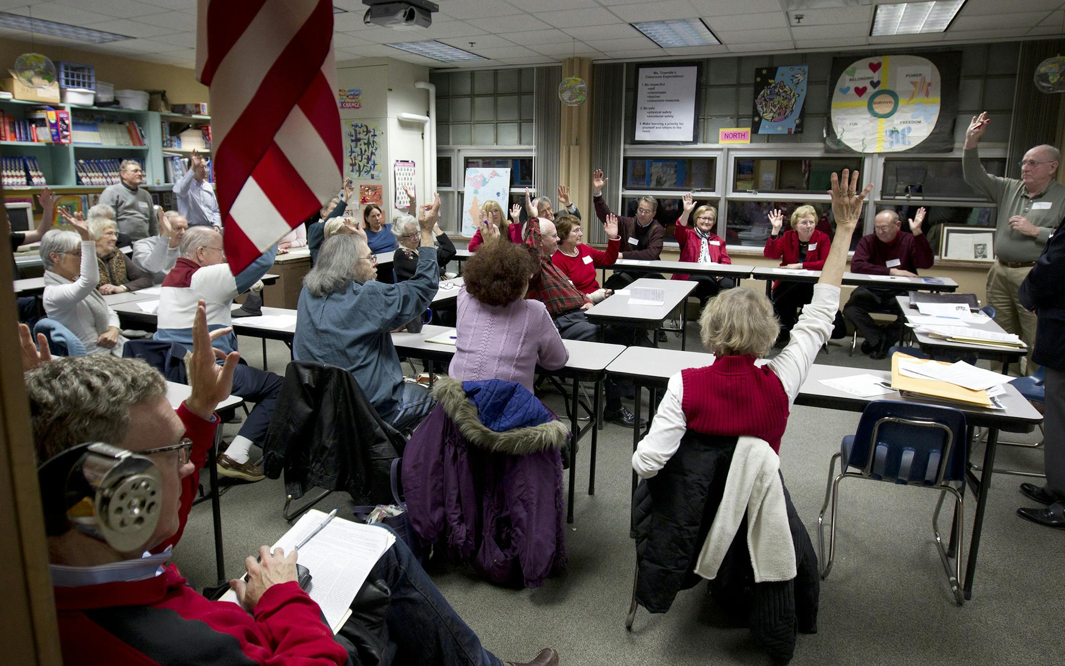 A vote for delegates of Precinct 19 took place in a classroom at Southview Middle School in Edina the site of the Republican caucus event on Tuesday night. ] CARLOS GONZALEZ cgonzalez@startribune.com, February 7, 2012, Edina, Minn, Southview Middle School, Caucus night. This is a Republican caucus event ORG XMIT: MIN2014020312022228