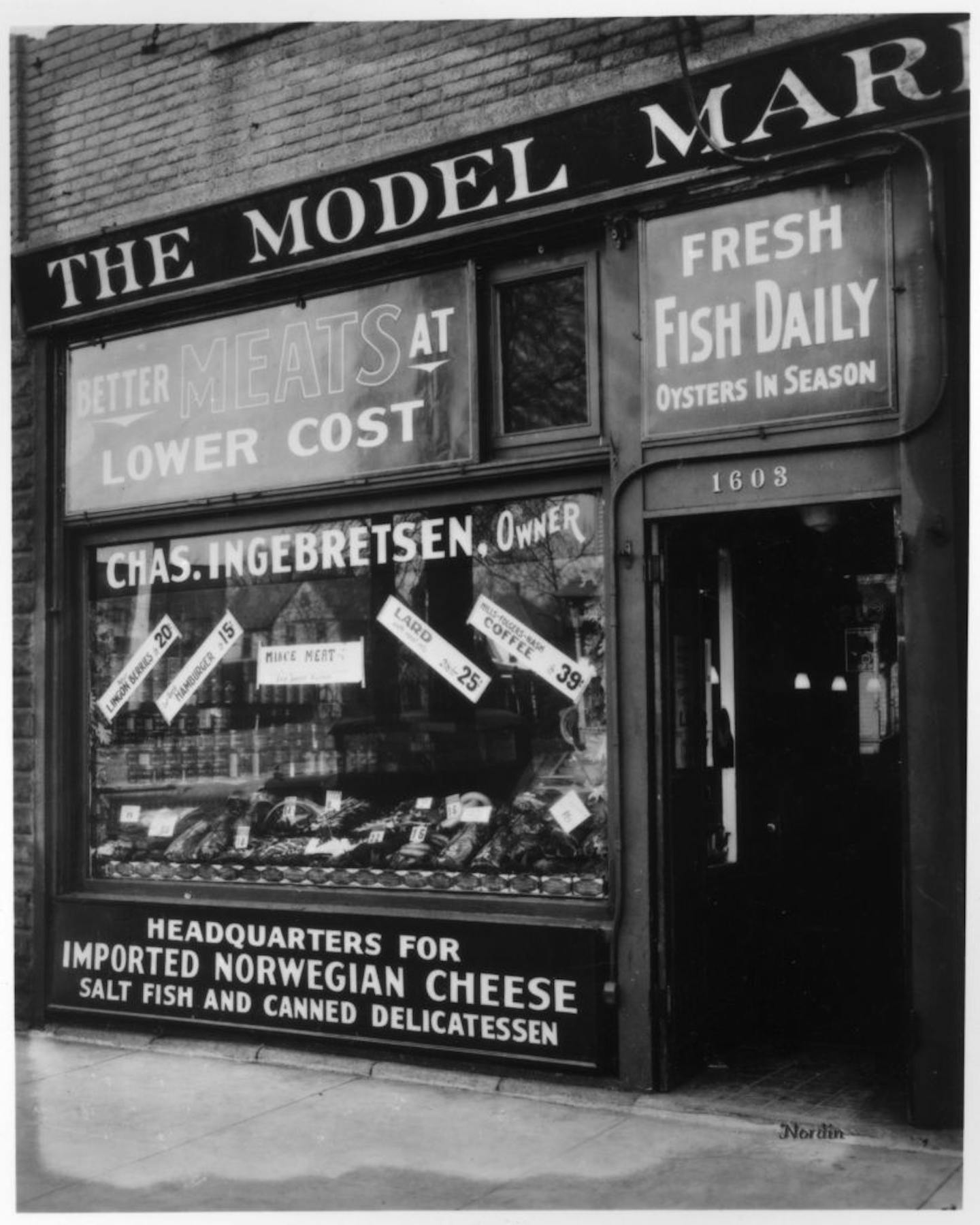 Ingebretsen's Market storefront on Lake Street in Minneapolis in the 1930's.