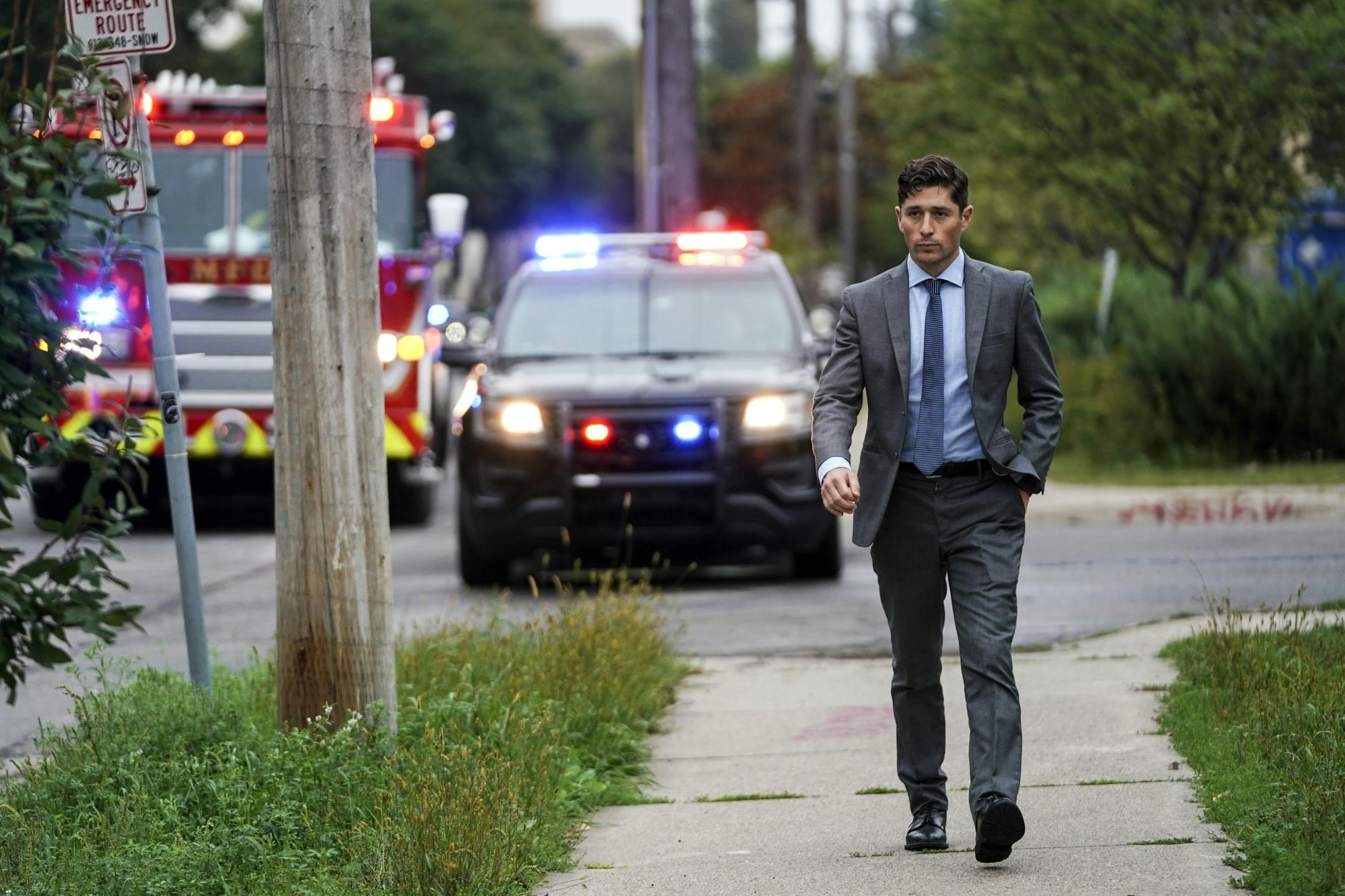 Minneapolis Mayor Jacob Frey arrived near the scene of a fire and explosion at Metal-Matic Wednesday afternoon.