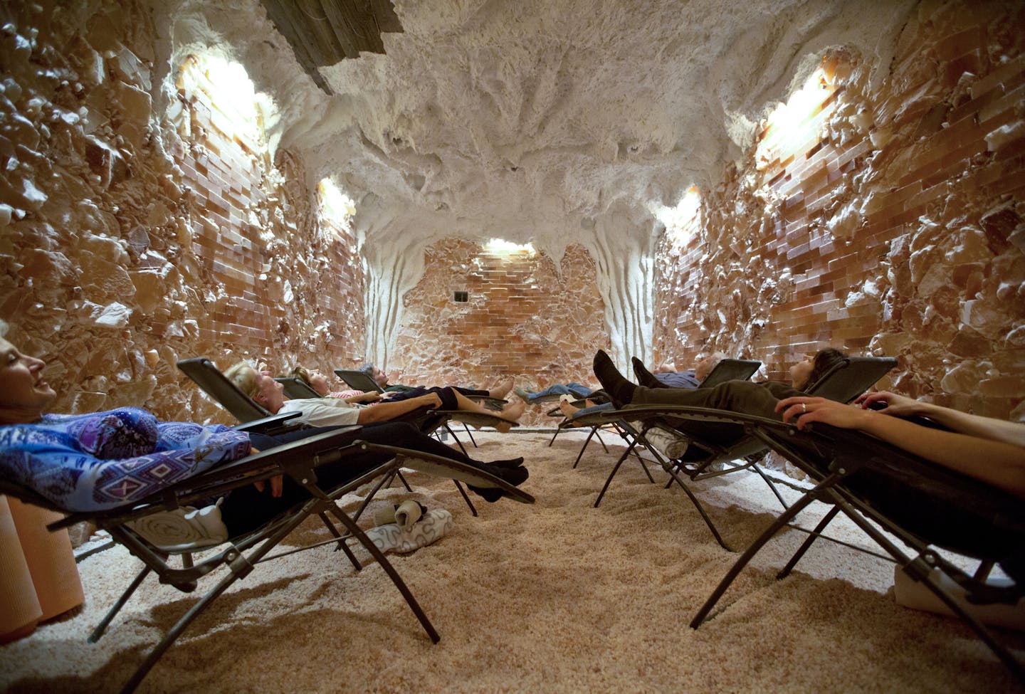 It's called "salt therapy" and it has gained a foothold in Minnesota. Touted as an all natural way to bring relief to those who suffer from allergies, flu or asthma, salt therapy treats patients by allowing them to inhale dry, microparticles of salt dispersed by a generator to reduce their symptoms. A placed called "The Salt Cave" in Minneapolis is celebrating its one year anniversary this fall. A soul breathing class took place in the salt room in Minneapolis, Minn., on Thursday, October 3, 201