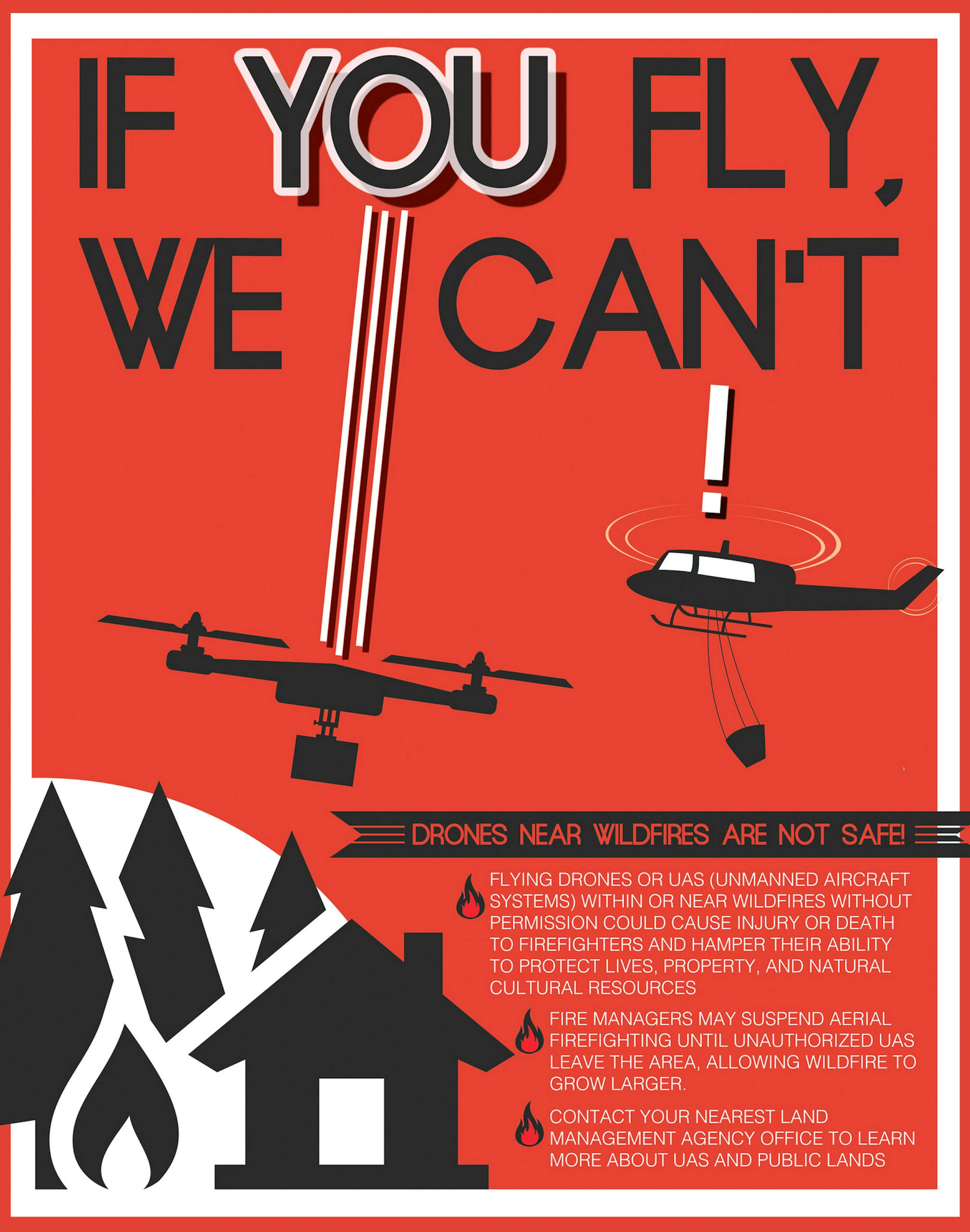 This public service announcement provided by the U.S. Forest Service shows a poster warning people not to fly drones near wildfires. A spate of drone sightings near firefighting aircraft is fueling calls for more oversight and self-policing in the skies. (U.S. Forest Service via AP)