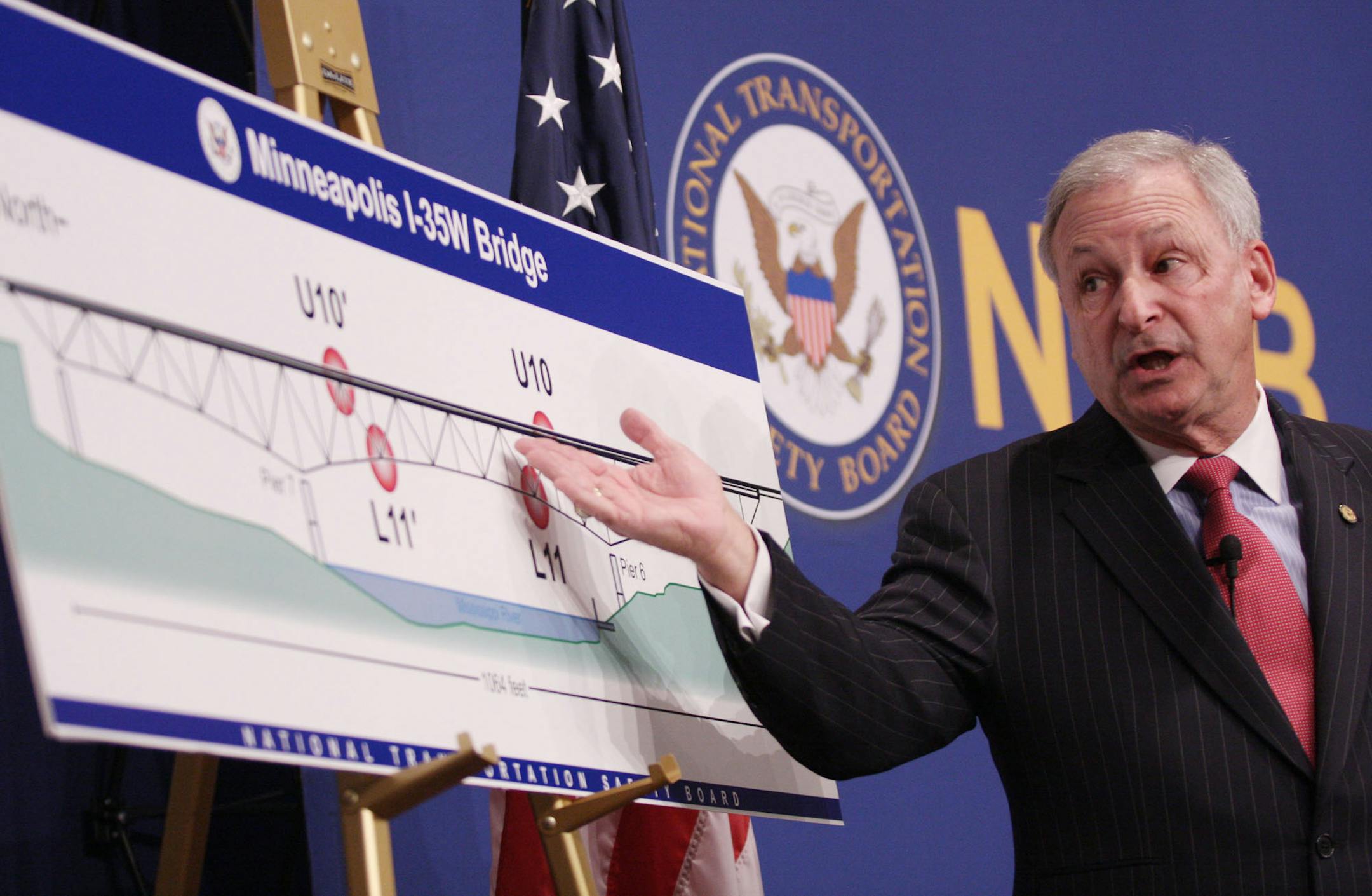 National Transportation Safety Board Chairman Mark Rosenker answers questions Tuesday about the investigation of the I-35W bridge collapse in Minneapolis.