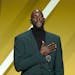 Kevin Garnett puts his hand on his heart during a speech during the 2020 Basketball Hall of Fame enshrinement ceremony, Saturday, May 15, 2021, in Unc