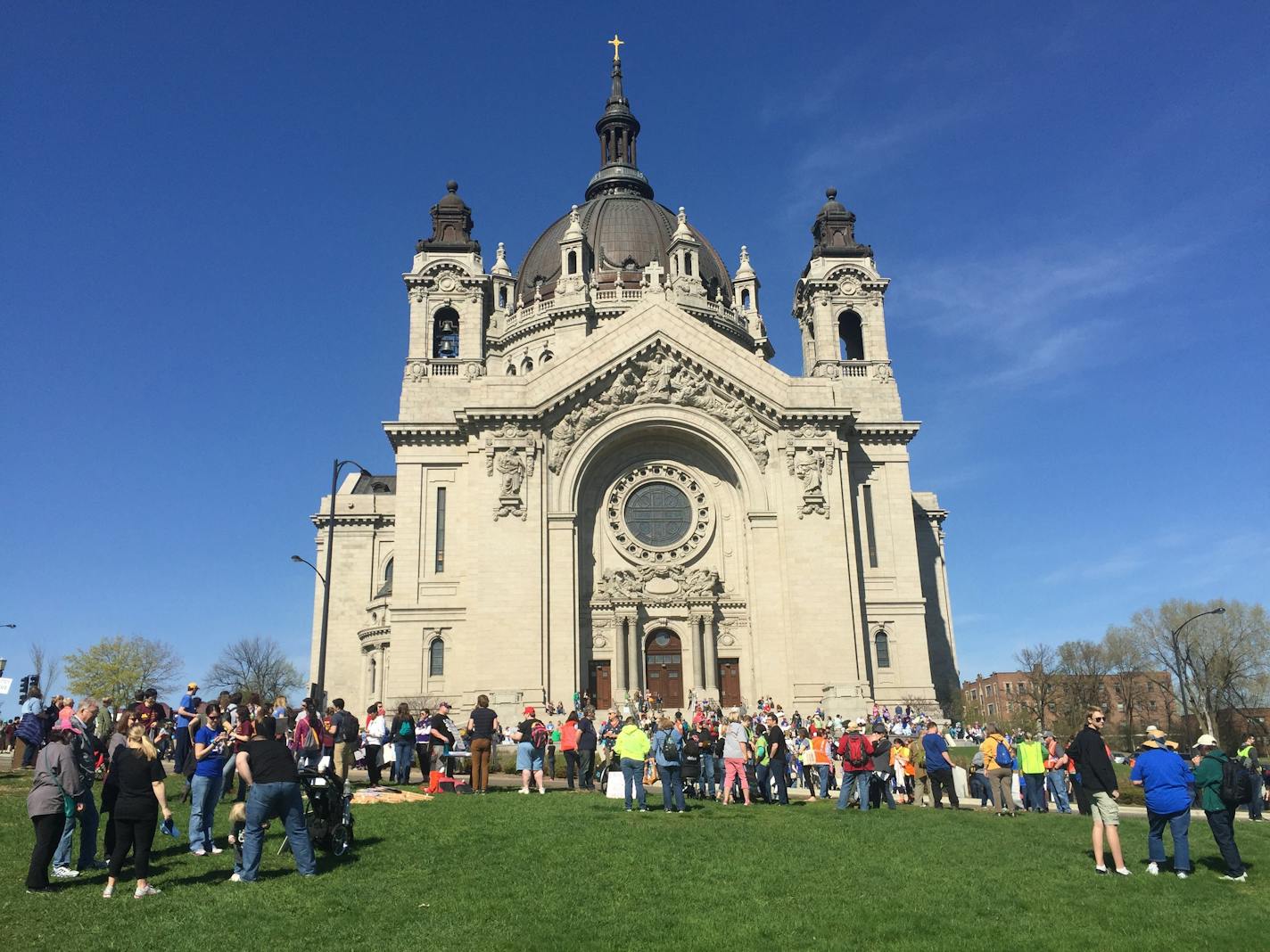 People congregate Saturday in Cathedral Hill Park for the March for Science in St. Paul.