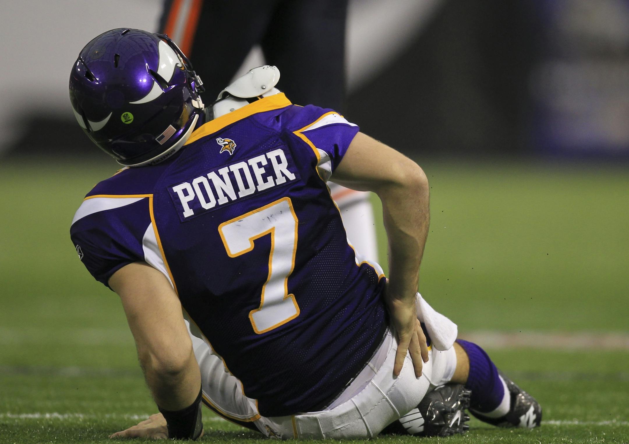 Vikings quarterback Christian Ponder left the game with a right hip injury after being slammed to the turf by Chicago's Israel Idonije in the second quarter.