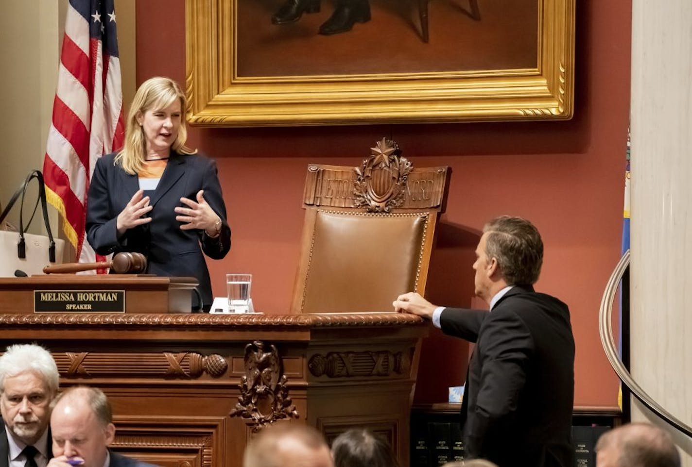 House Speaker Melissa Hortman talks with Republican House Minority Leader Kurt Daudt on the House floor Monday, May 20, 2019 at the State house in Saint Paul. glen.stubbe@startribune.com Monday, May 20, 2019.