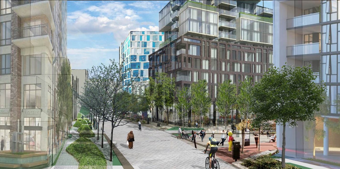 A conceptual rendering, provided by the city of St. Paul, of what the highest density area of the Ford Site could potentially look like after redevelopment.