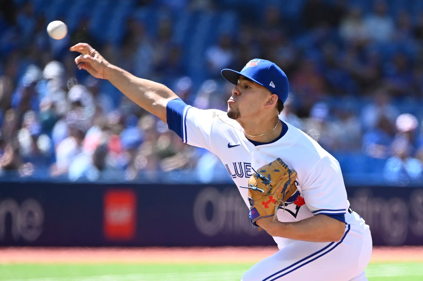 Blue Jays starting pitcher Jose Berrios throws to a Twins batter in the first inning Saturday