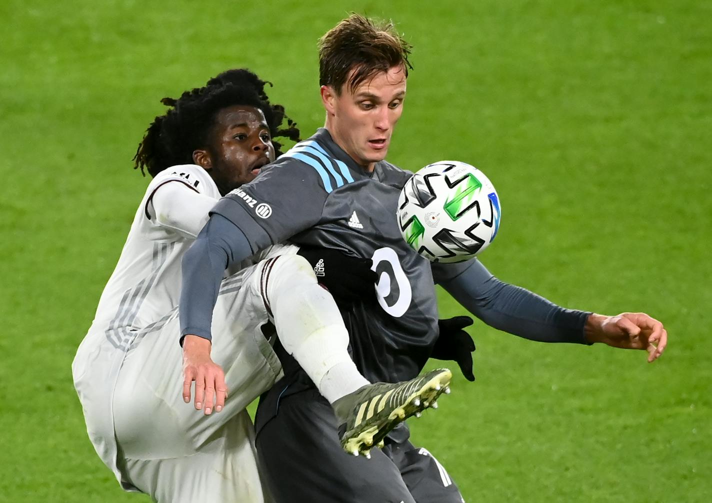 Minnesota United forward Aaron Schoenfeld (right) and Colorado Rapids defender Lalas Abubakar battled for control of the ball during the first half of an Oct. 28 game at Allianz Field.